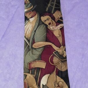 AZIA Collection Vintage Art Deco Tie in Black, Brown, Red, Cream and Green